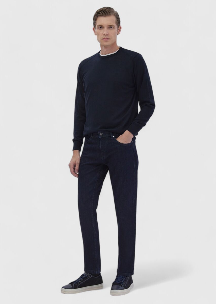 Navy Blue Slim Fit Denim Cotton Blended Trousers - 1