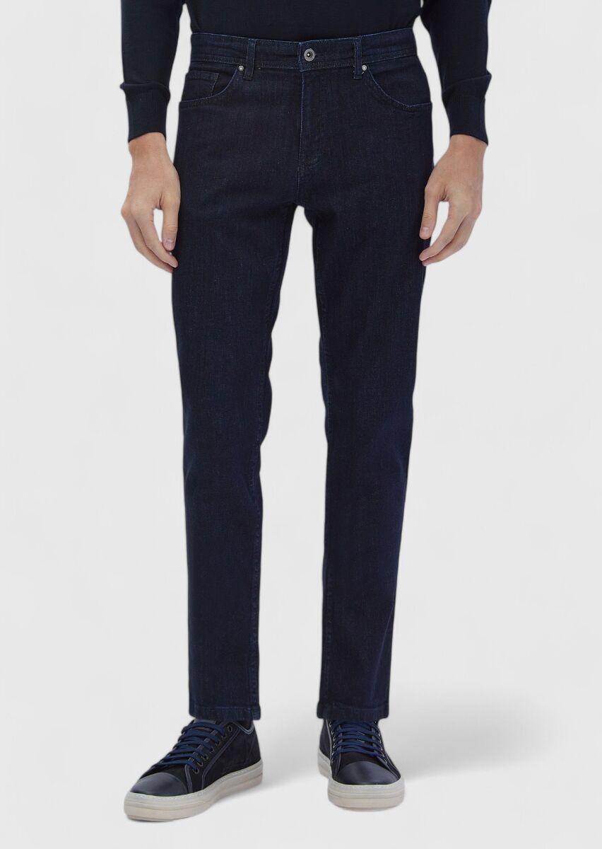 Navy Blue Slim Fit Denim Cotton Blended Trousers - 2