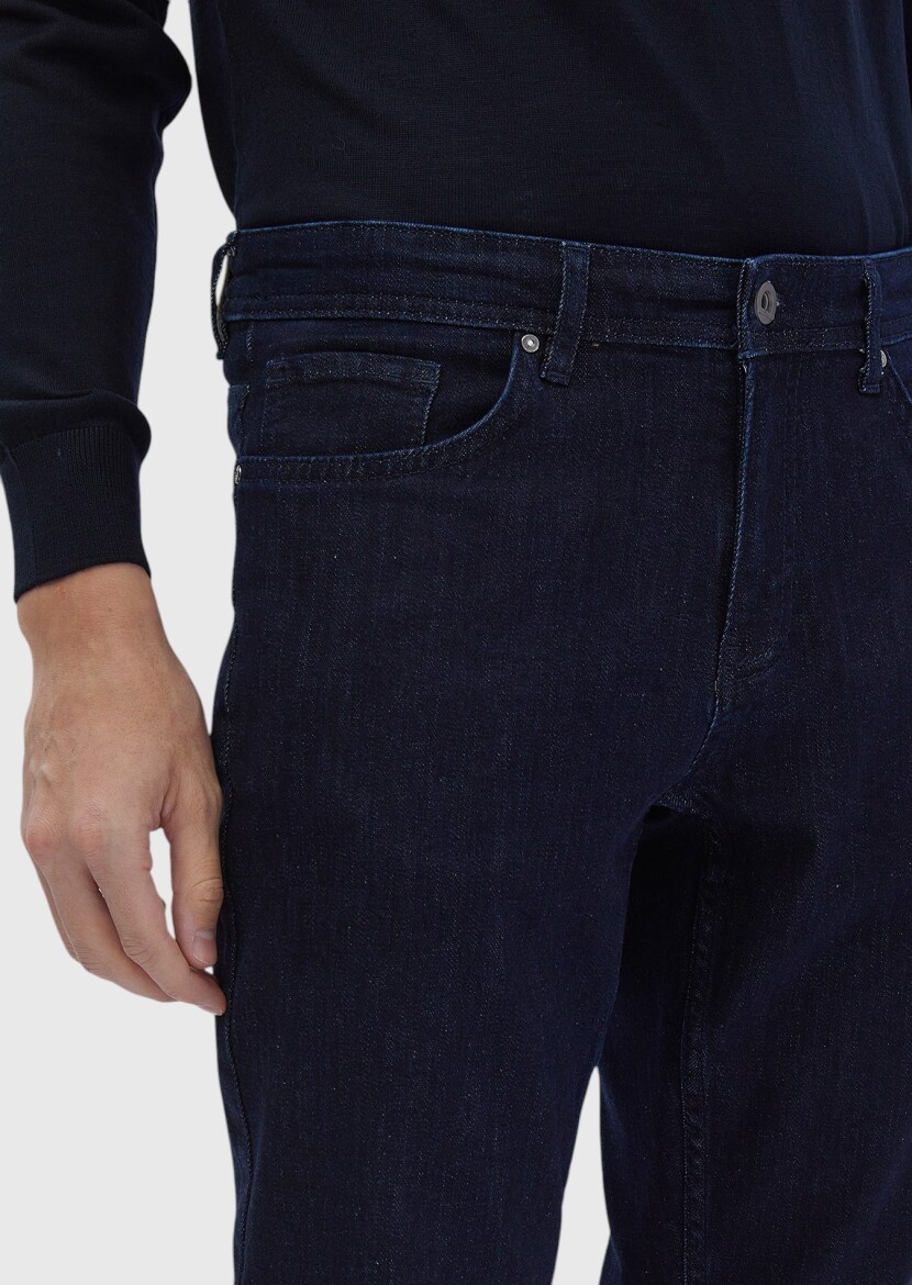 Navy Blue Slim Fit Denim Cotton Blended Trousers - 3