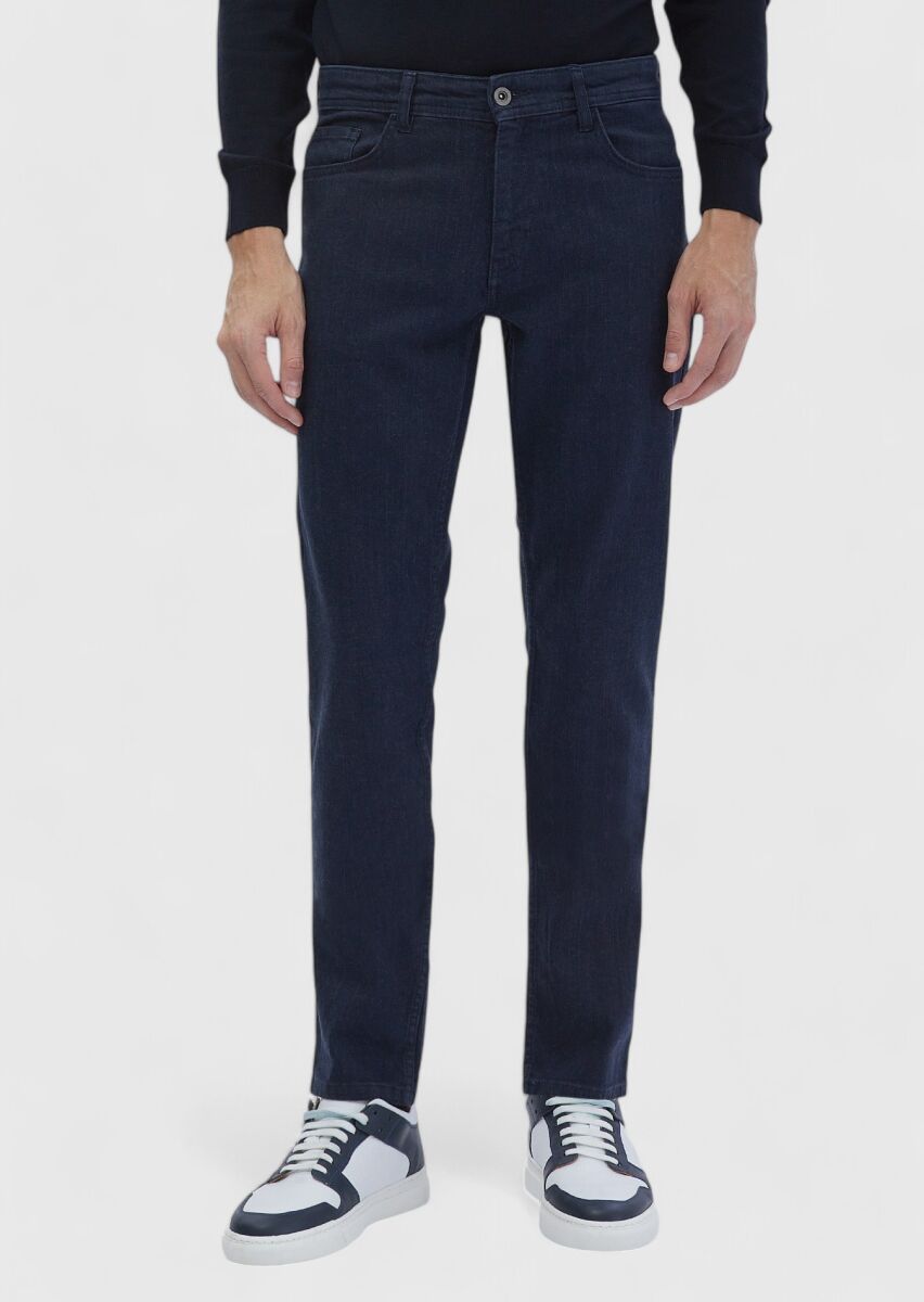 Navy Blue Slim Fit Denim Cotton Blended Trousers - 2