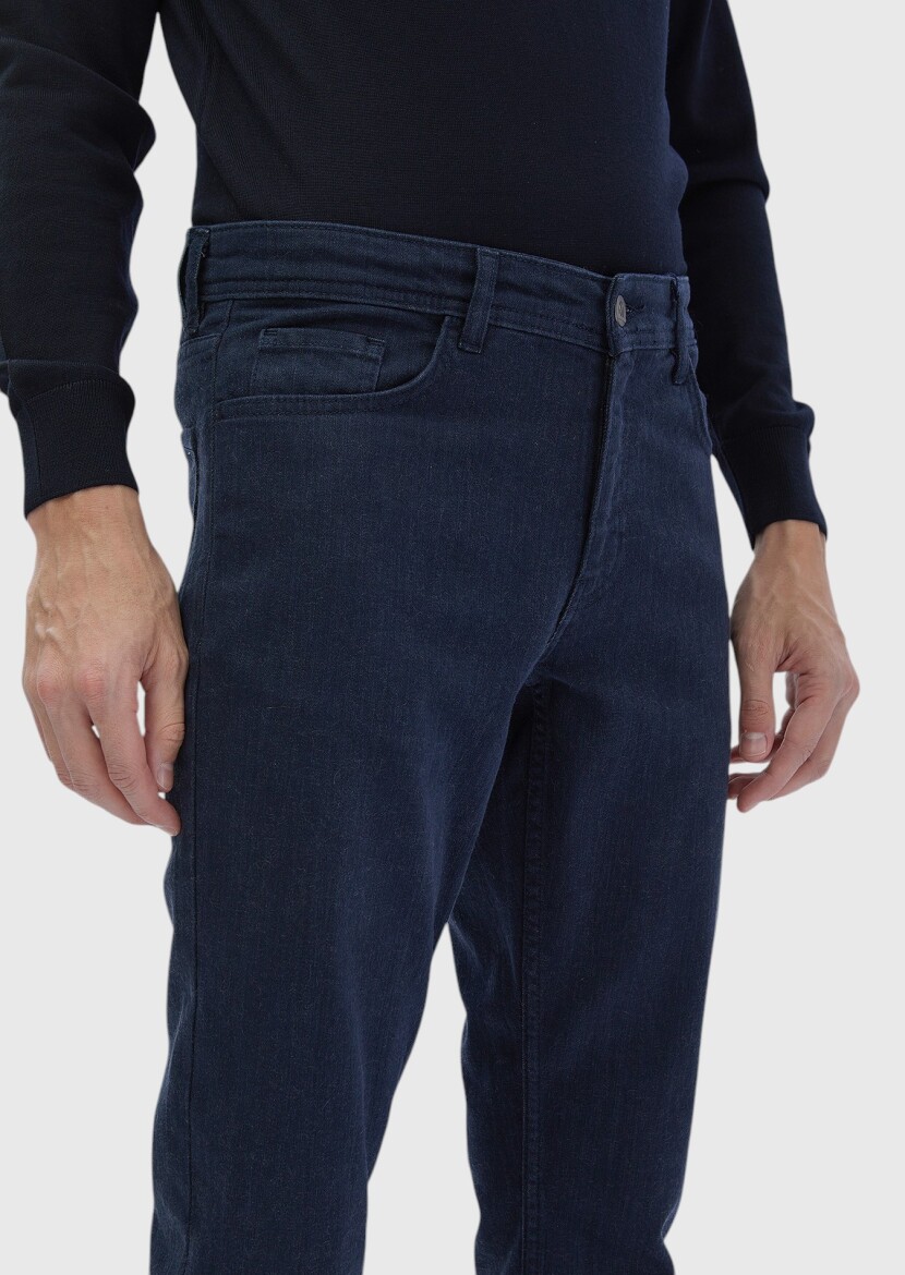 Navy Blue Slim Fit Denim Cotton Blended Trousers - 4