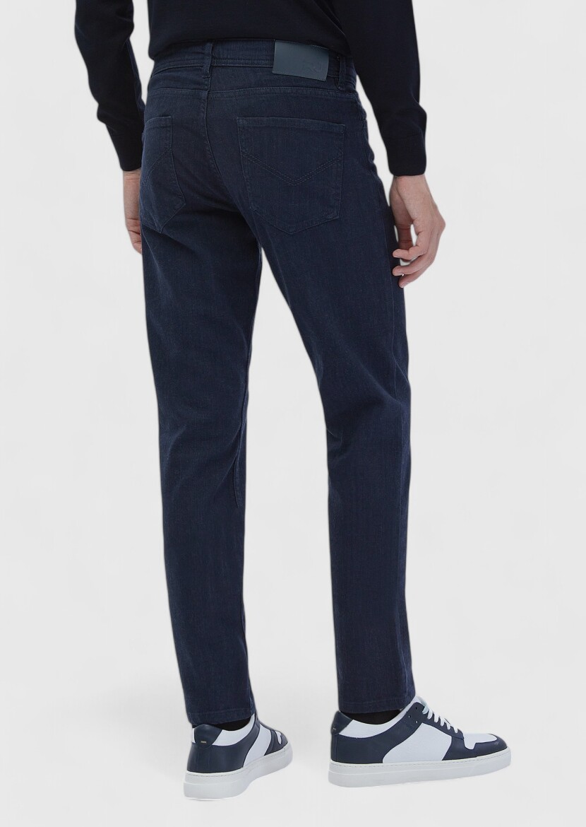 Navy Blue Slim Fit Denim Cotton Blended Trousers - 7