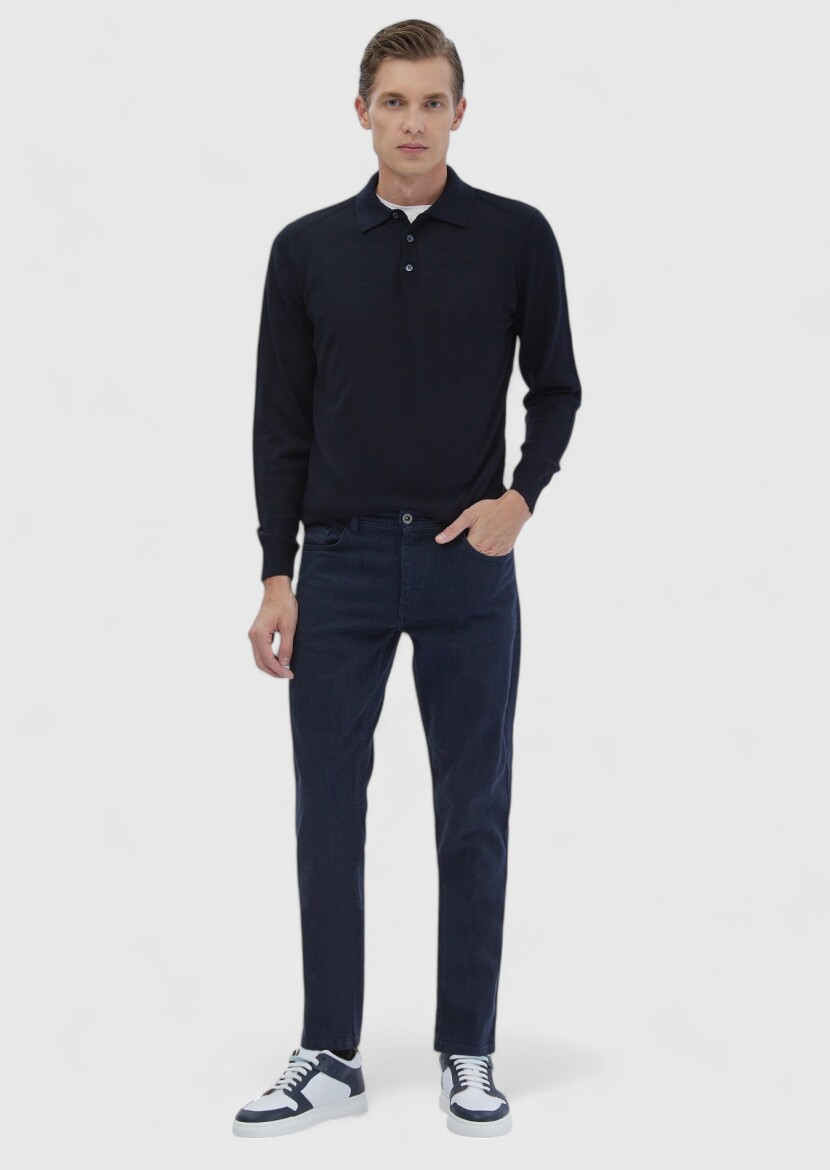 Navy Blue Slim Fit Denim Cotton Blended Trousers - 1