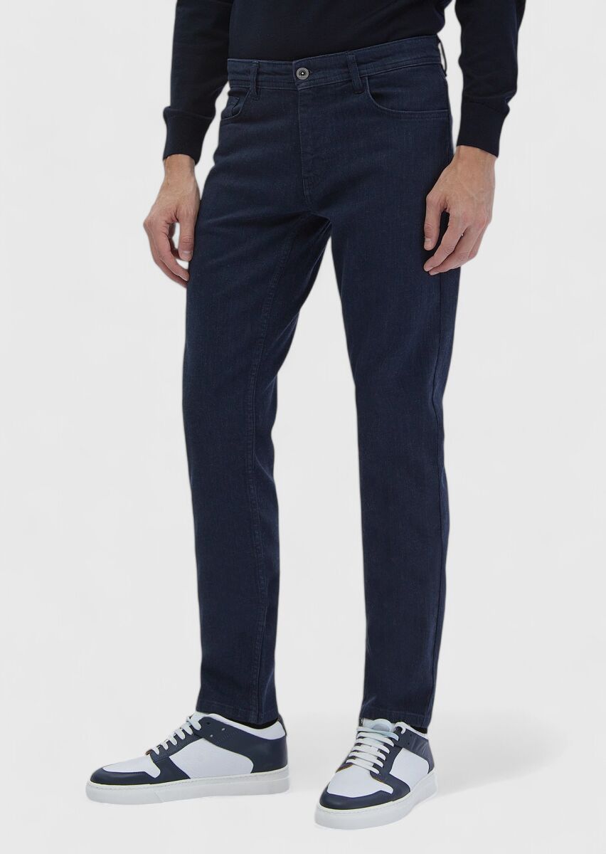 Navy Blue Slim Fit Denim Cotton Blended Trousers - 3