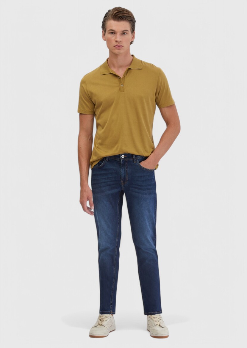 Navy Blue Slim Fit Denim Cotton Blended Trousers - RAMSEY