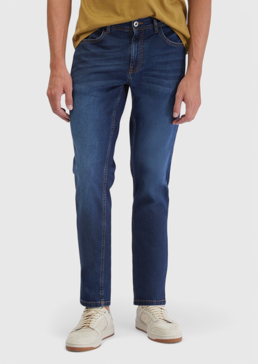 Navy Blue Slim Fit Denim Cotton Blended Trousers - RAMSEY