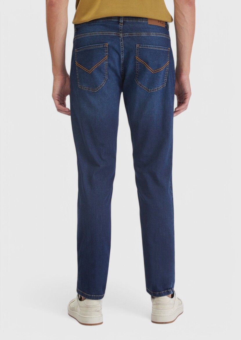 Navy Blue Slim Fit Denim Cotton Blended Trousers - 4