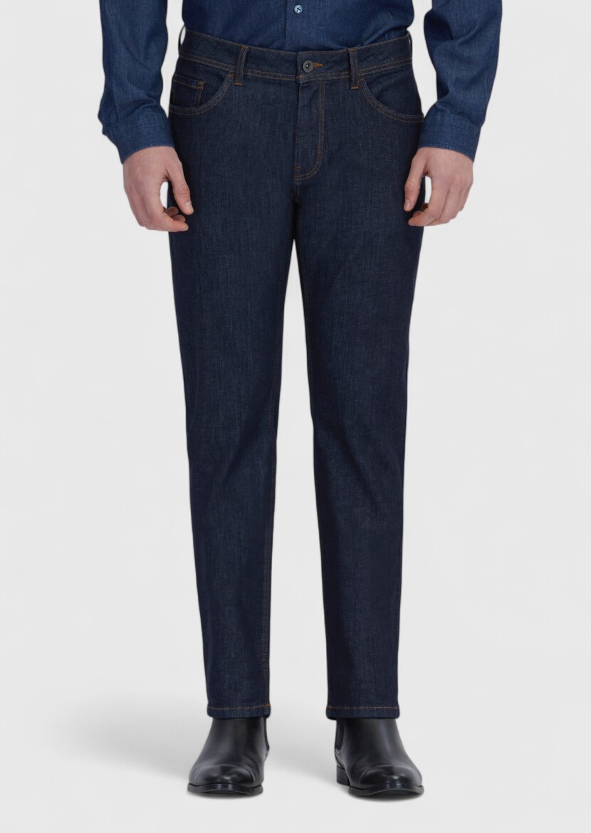 Navy Blue Slim Fit Denim Cotton Blended Trousers - RAMSEY