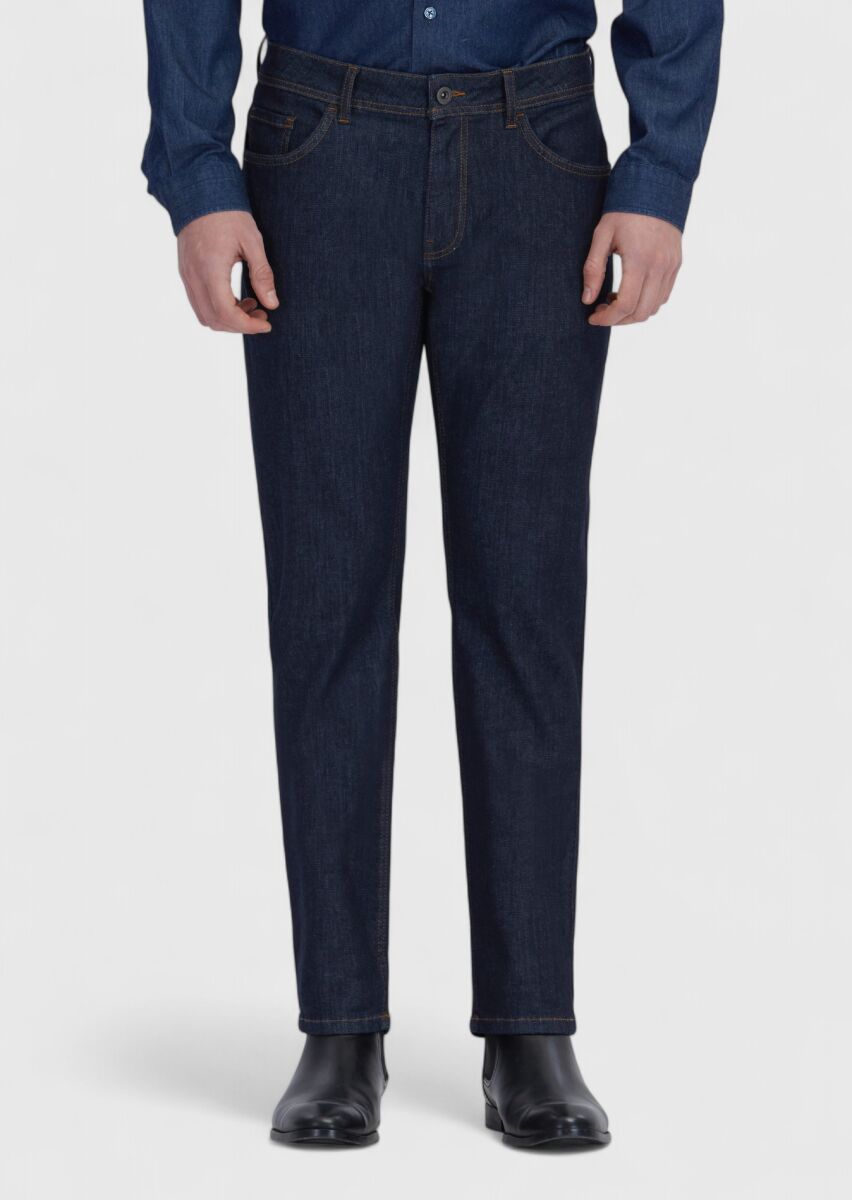 Navy Blue Slim Fit Denim Cotton Blended Trousers - 2