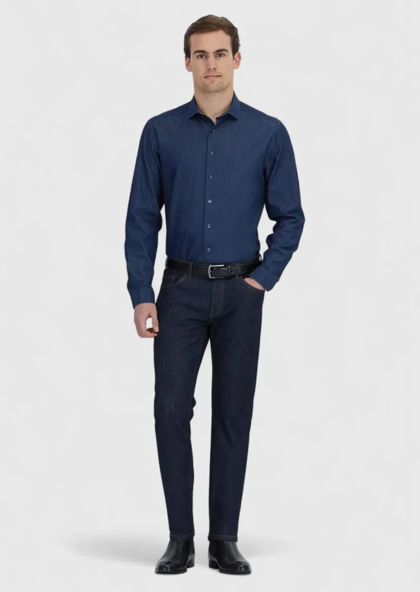 Navy Blue Slim Fit Denim Cotton Blended Trousers - 1