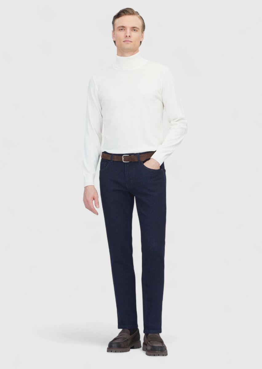 Navy Blue Slim Fit Denim Cotton Blended Trousers - 1
