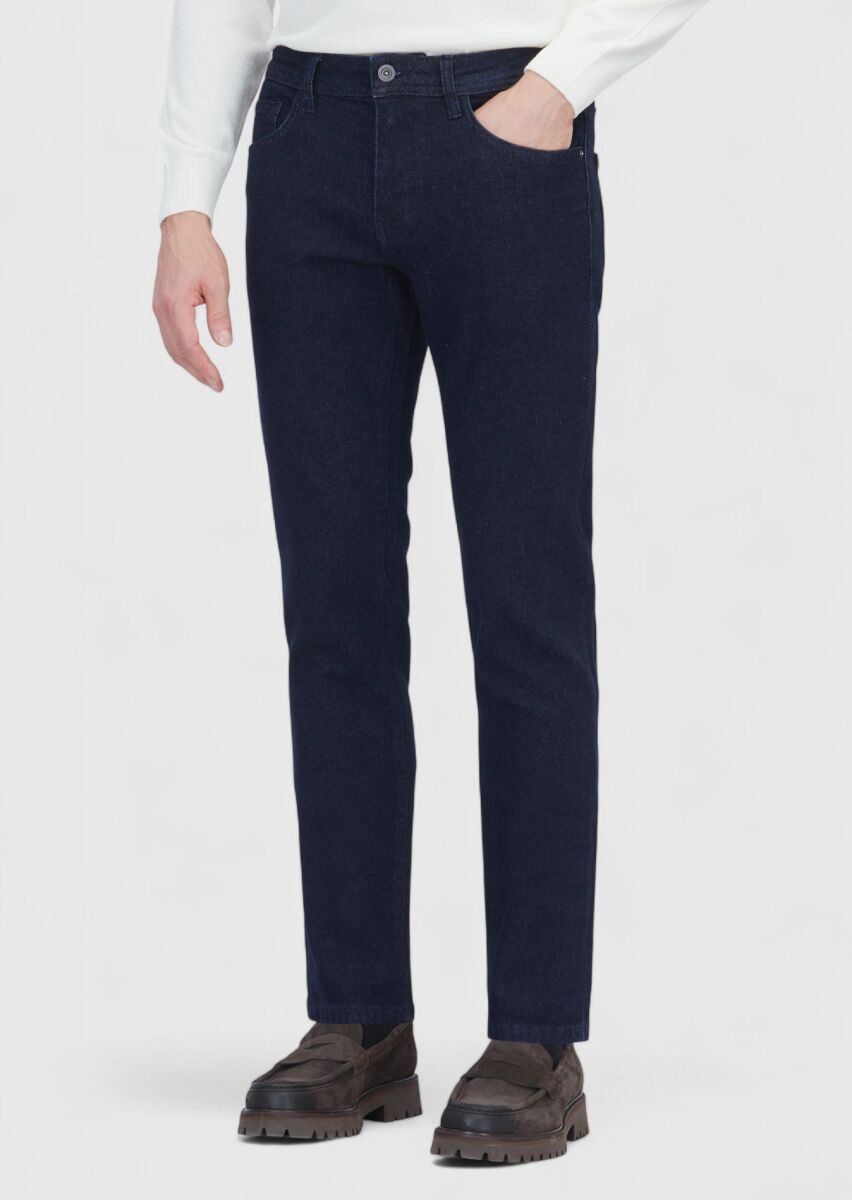 Navy Blue Slim Fit Denim Cotton Blended Trousers - 2