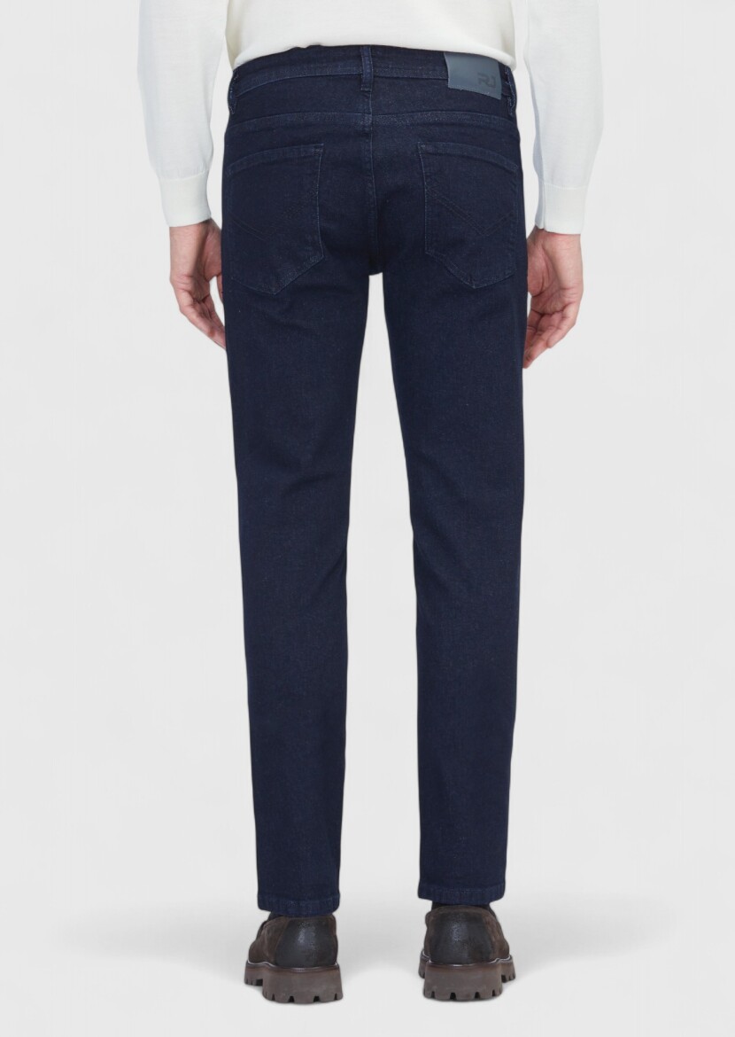 Navy Blue Slim Fit Denim Cotton Blended Trousers - 5