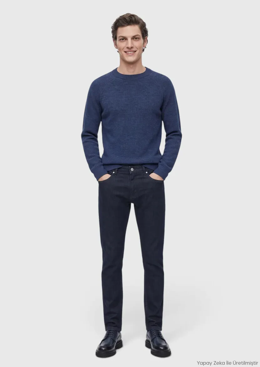 Navy Blue Slim Fit Denim Cotton Blended Trousers - RAMSEY