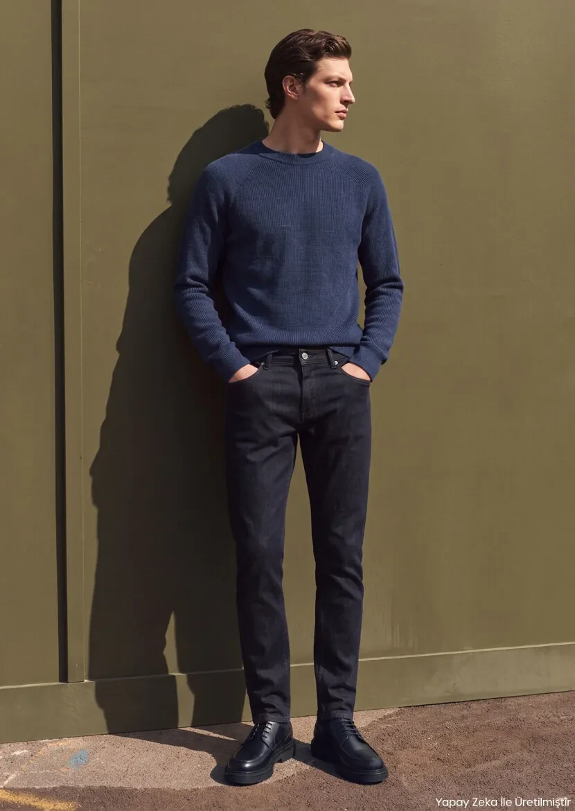 Navy Blue Slim Fit Denim Cotton Blended Trousers - RAMSEY