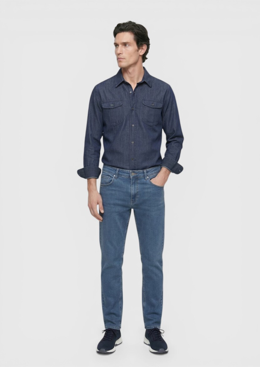 Navy Blue Slim Fit Denim Cotton Blended Trousers - RAMSEY