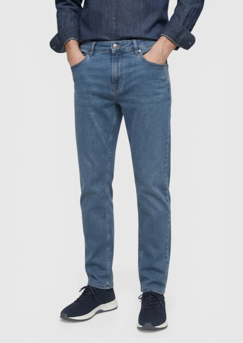 Navy Blue Slim Fit Denim Cotton Blended Trousers - RAMSEY