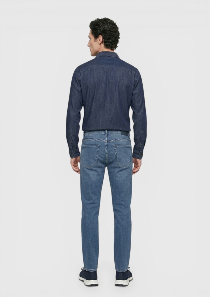 Navy Blue Slim Fit Denim Cotton Blended Trousers - 4