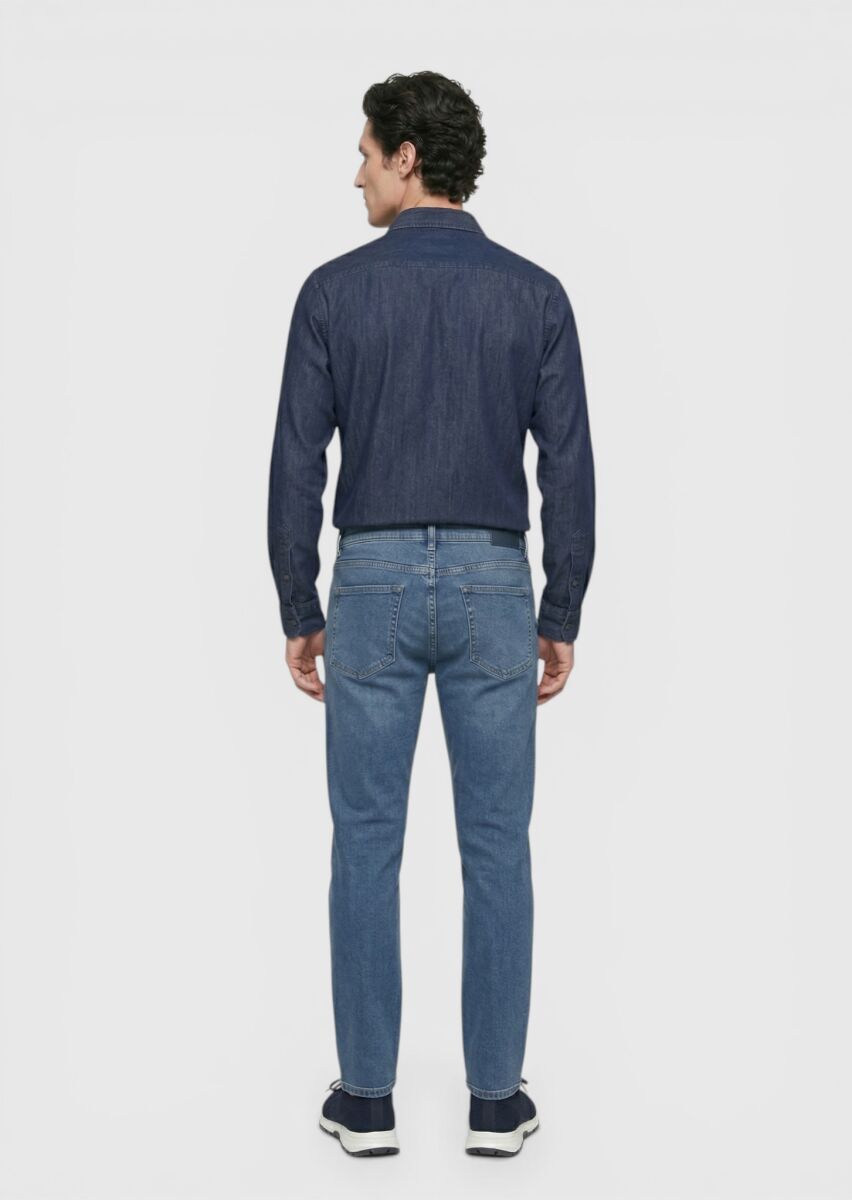 Navy Blue Slim Fit Denim Cotton Blended Trousers - 4