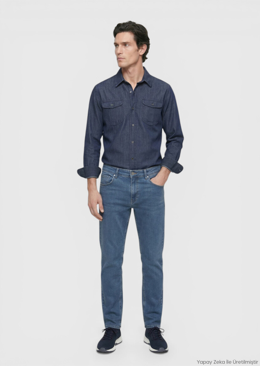 Navy Blue Slim Fit Denim Cotton Blended Trousers - RAMSEY