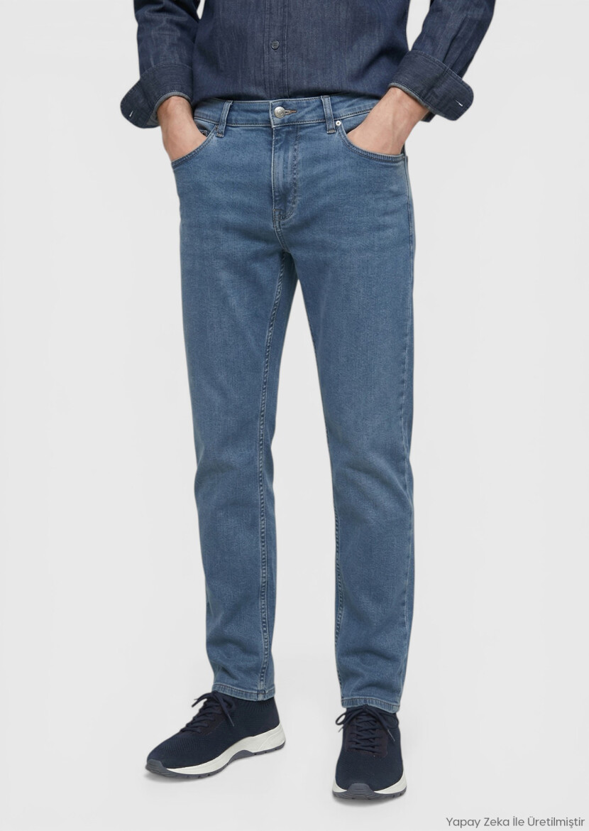 Navy Blue Slim Fit Denim Cotton Blended Trousers - RAMSEY