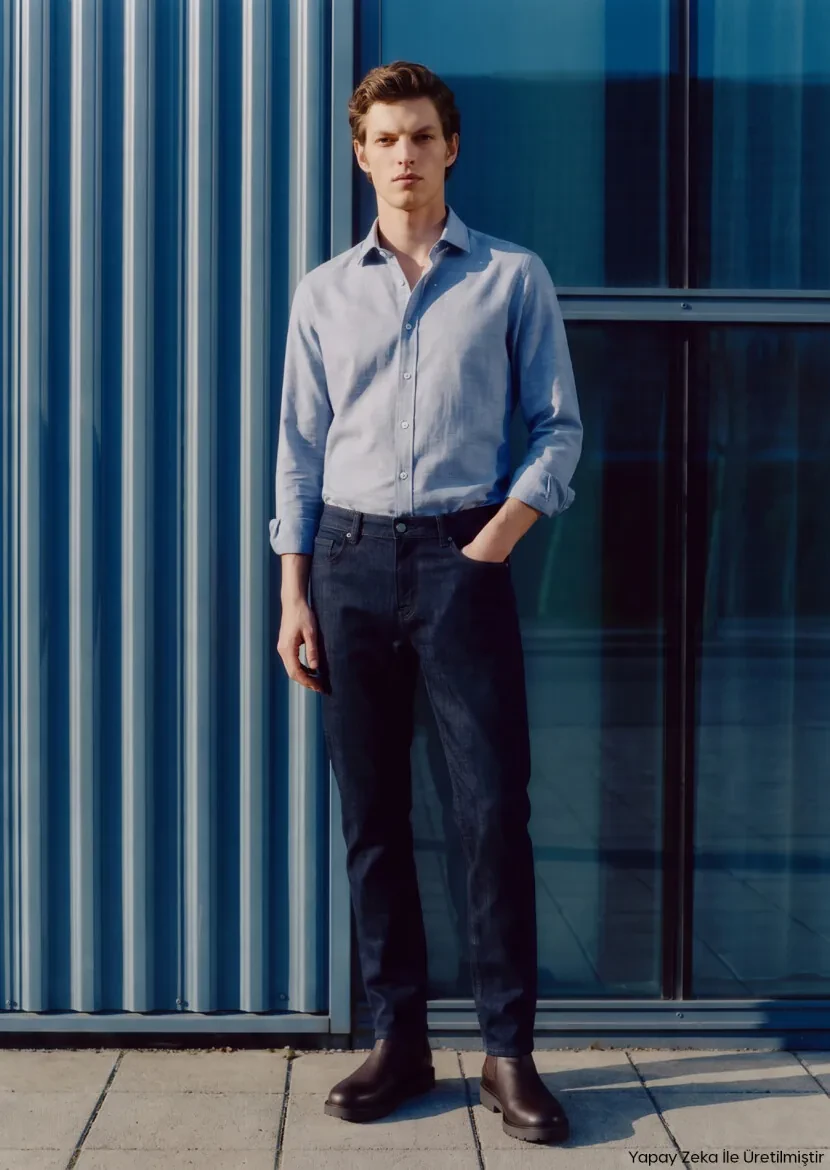 Navy Blue Slim Fit Denim Cotton Blended Trousers - RAMSEY