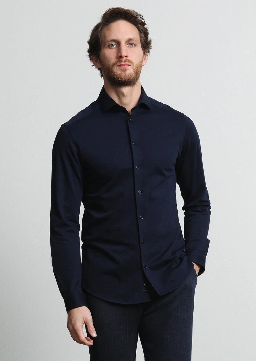Navy Blue Slim Fit Knitting Casual 100% Cotton Shirt 
