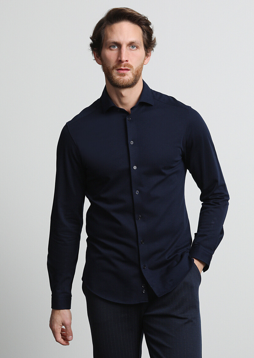 Navy Blue Slim Fit Long Knitting Casual 100% Cotton Shirt - 1