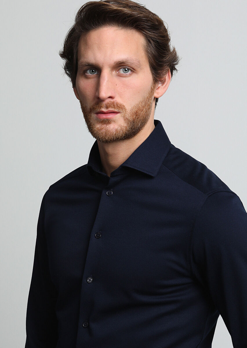 Navy Blue Slim Fit Long Knitting Casual 100% Cotton Shirt - 2