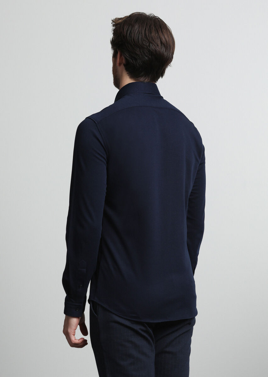 Navy Blue Slim Fit Long Knitting Casual 100% Cotton Shirt - 3