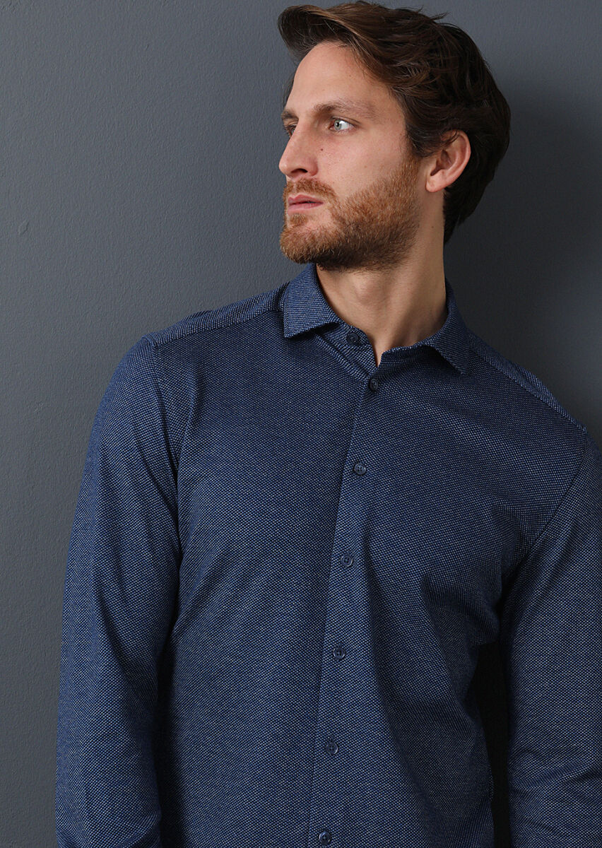 Navy Blue Slim Fit Long Knitting Casual Cotton Blended Shirt - 1