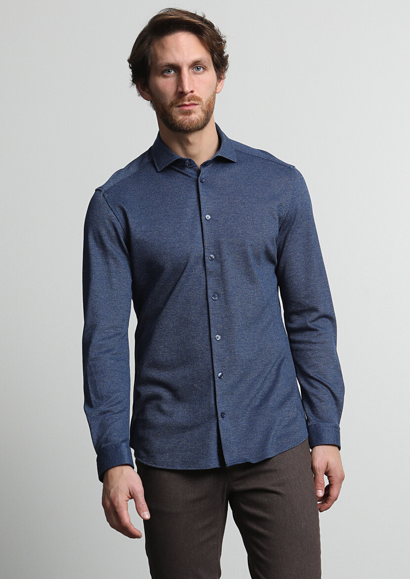 Navy Blue Slim Fit Long Knitting Casual Cotton Blended Shirt - 3