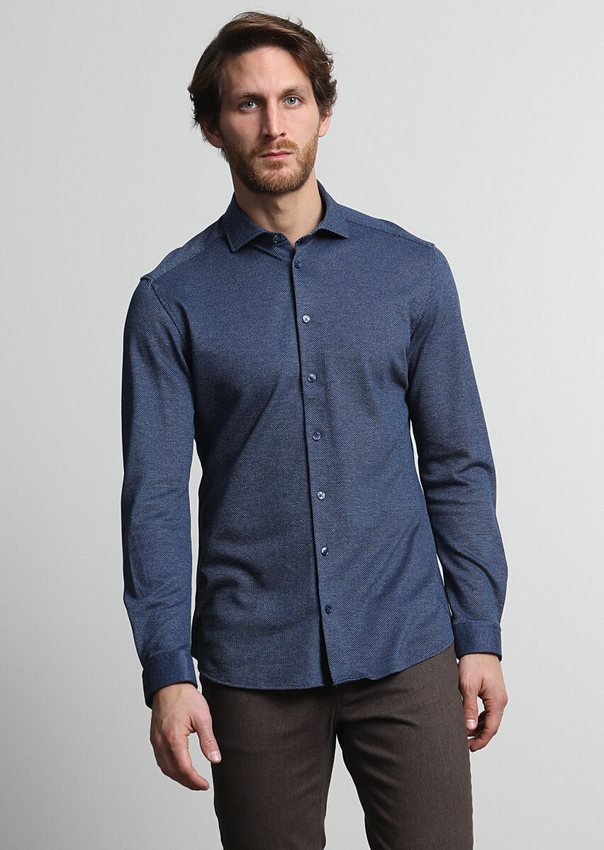 Navy Blue Slim Fit Long Knitting Casual Cotton Blended Shirt - 3