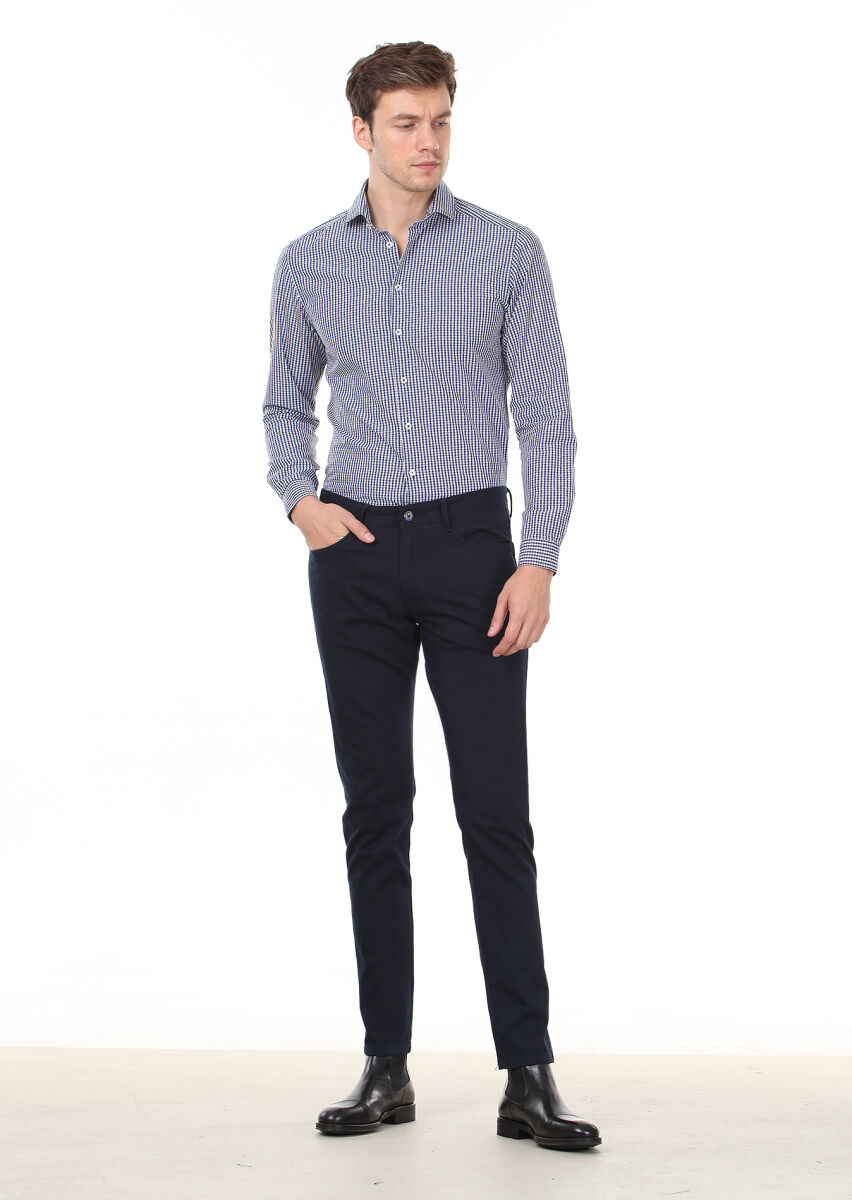 Navy Blue Slim Fit Long Weaving Casual 100% Cotton Shirt - 4