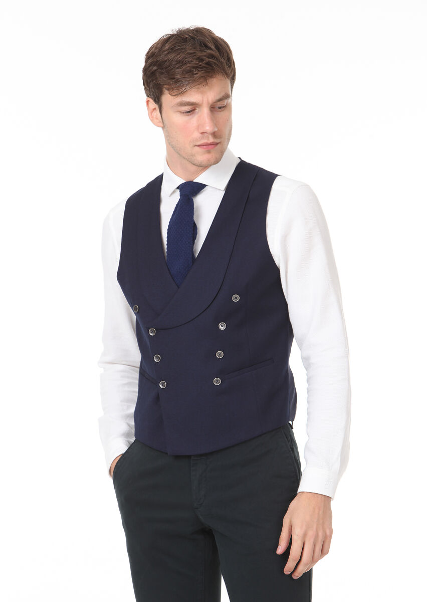 Navy Blue Slim Fit Shawl Collar Casual Waistcoat - 1