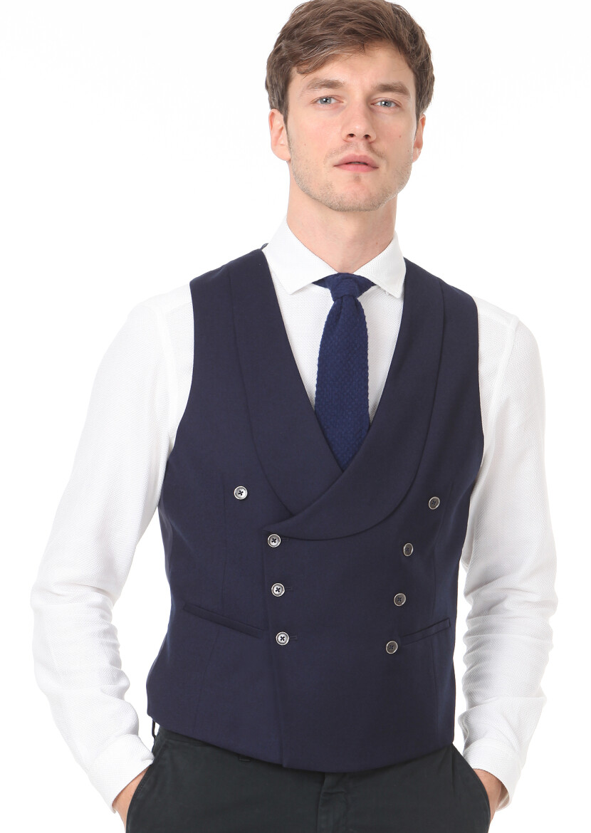 Navy Blue Slim Fit Shawl Collar Casual Waistcoat - 2