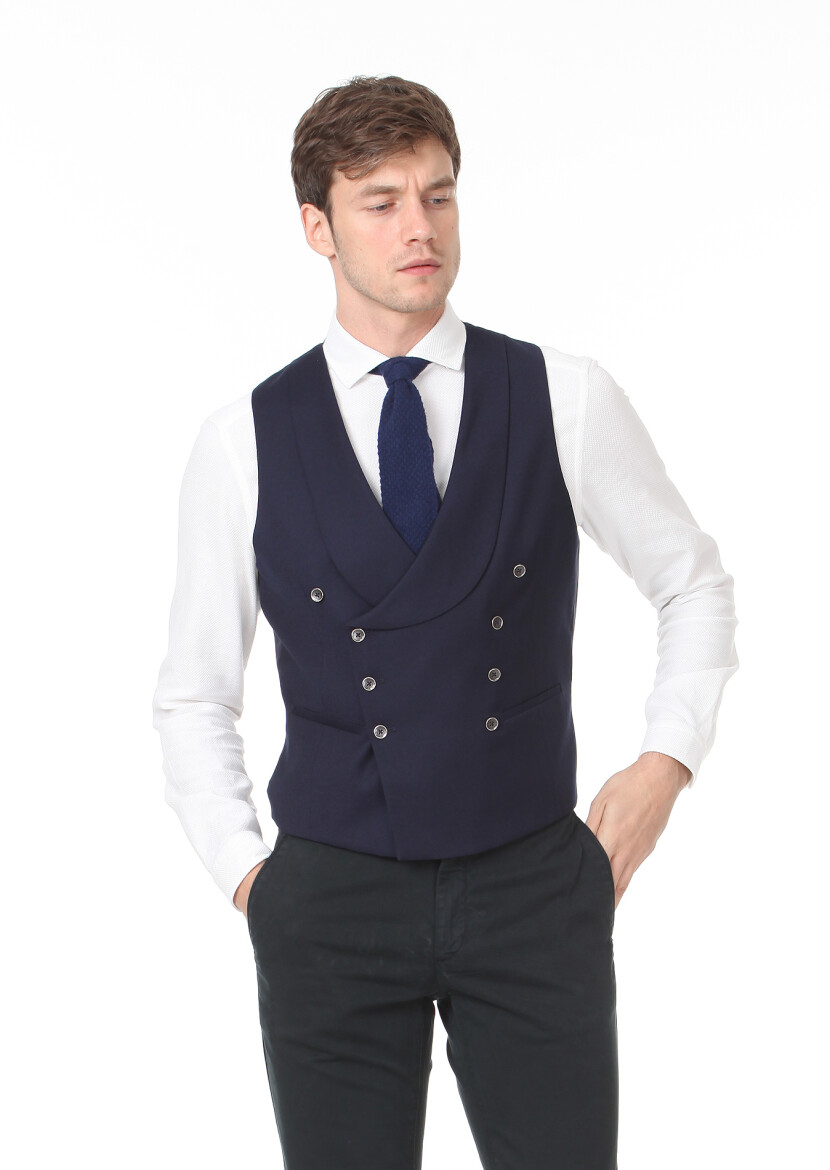 Navy Blue Slim Fit Shawl Collar Casual Waistcoat - 3