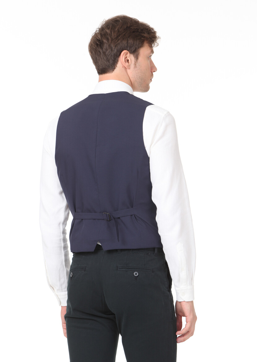 Navy Blue Slim Fit Shawl Collar Casual Waistcoat - 4