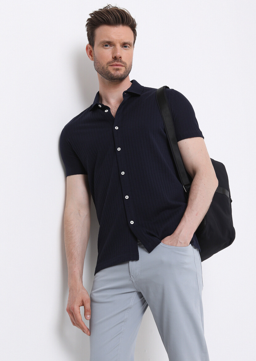 Navy Blue Slim Fit Short Knitting Casual 100% Cotton Shirt - 1