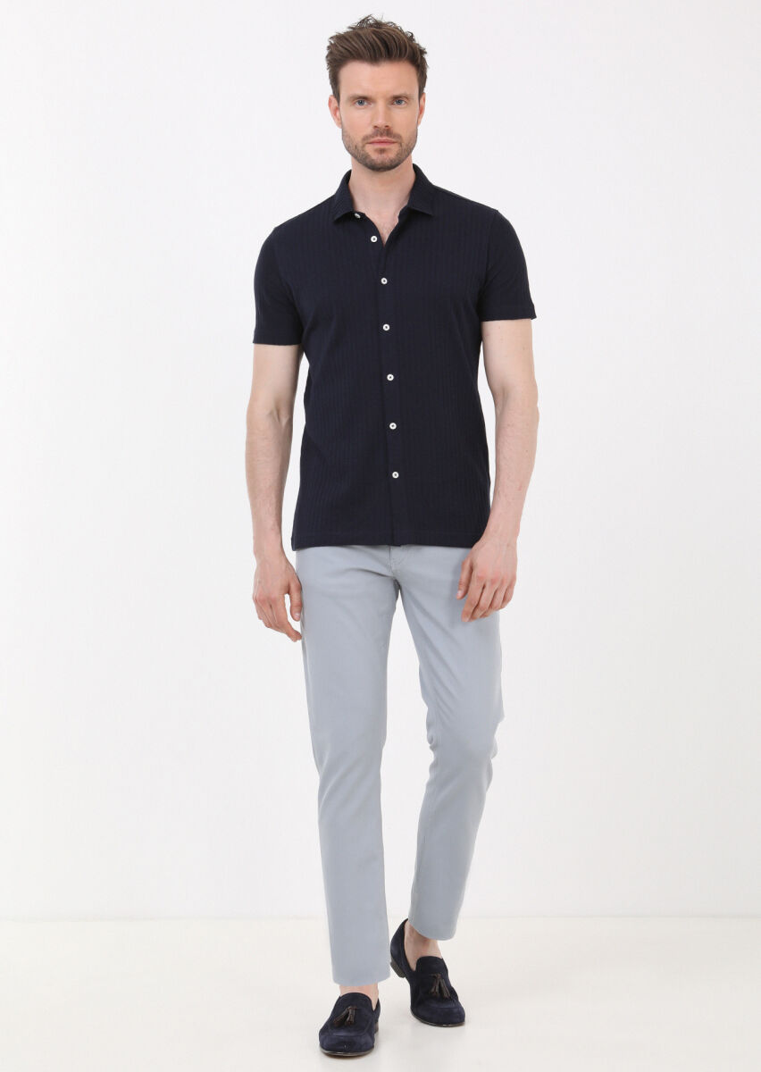 Navy Blue Slim Fit Short Knitting Casual 100% Cotton Shirt - 3