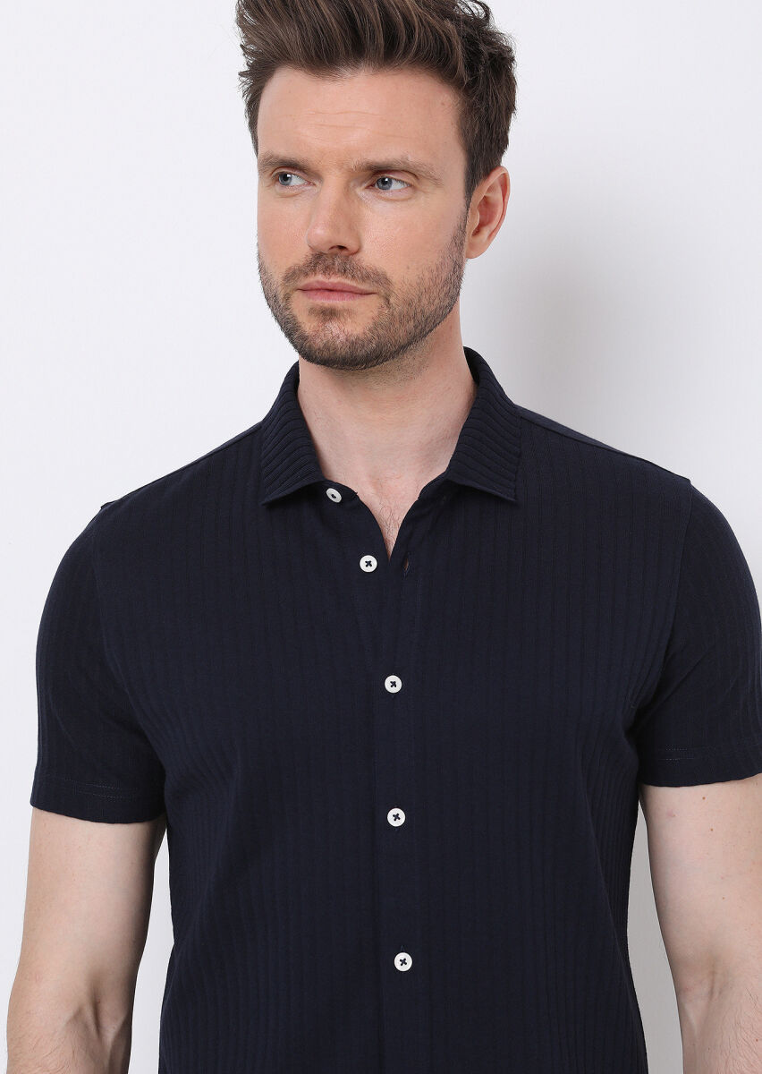 Navy Blue Slim Fit Short Knitting Casual 100% Cotton Shirt - 4