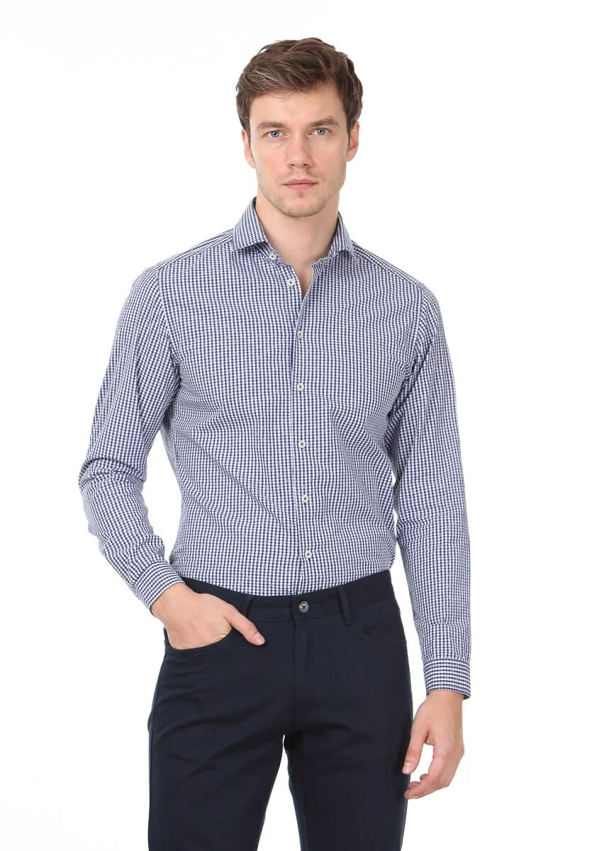 Navy Blue Slim Fit Weaving Casual 100% Cotton Shirt - 1