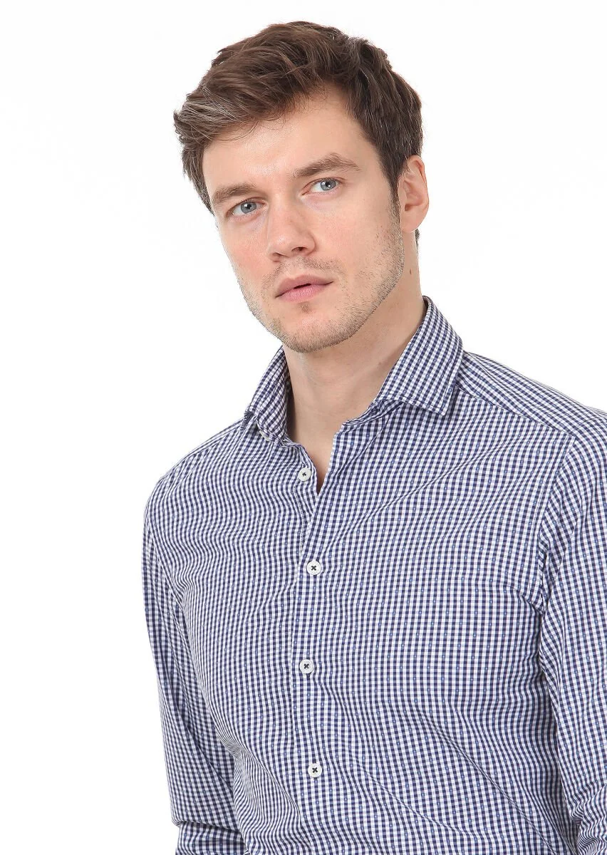 Navy Blue Slim Fit Weaving Casual 100% Cotton Shirt - 2