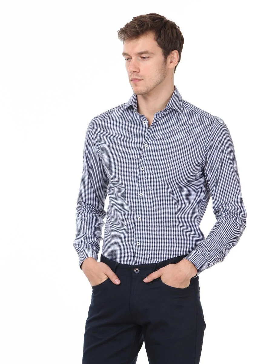 Navy Blue Slim Fit Weaving Casual 100% Cotton Shirt - 3