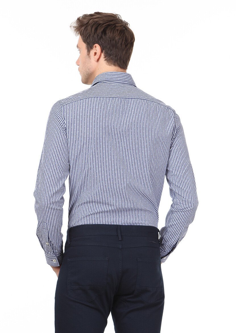 Navy Blue Slim Fit Weaving Casual 100% Cotton Shirt - 5