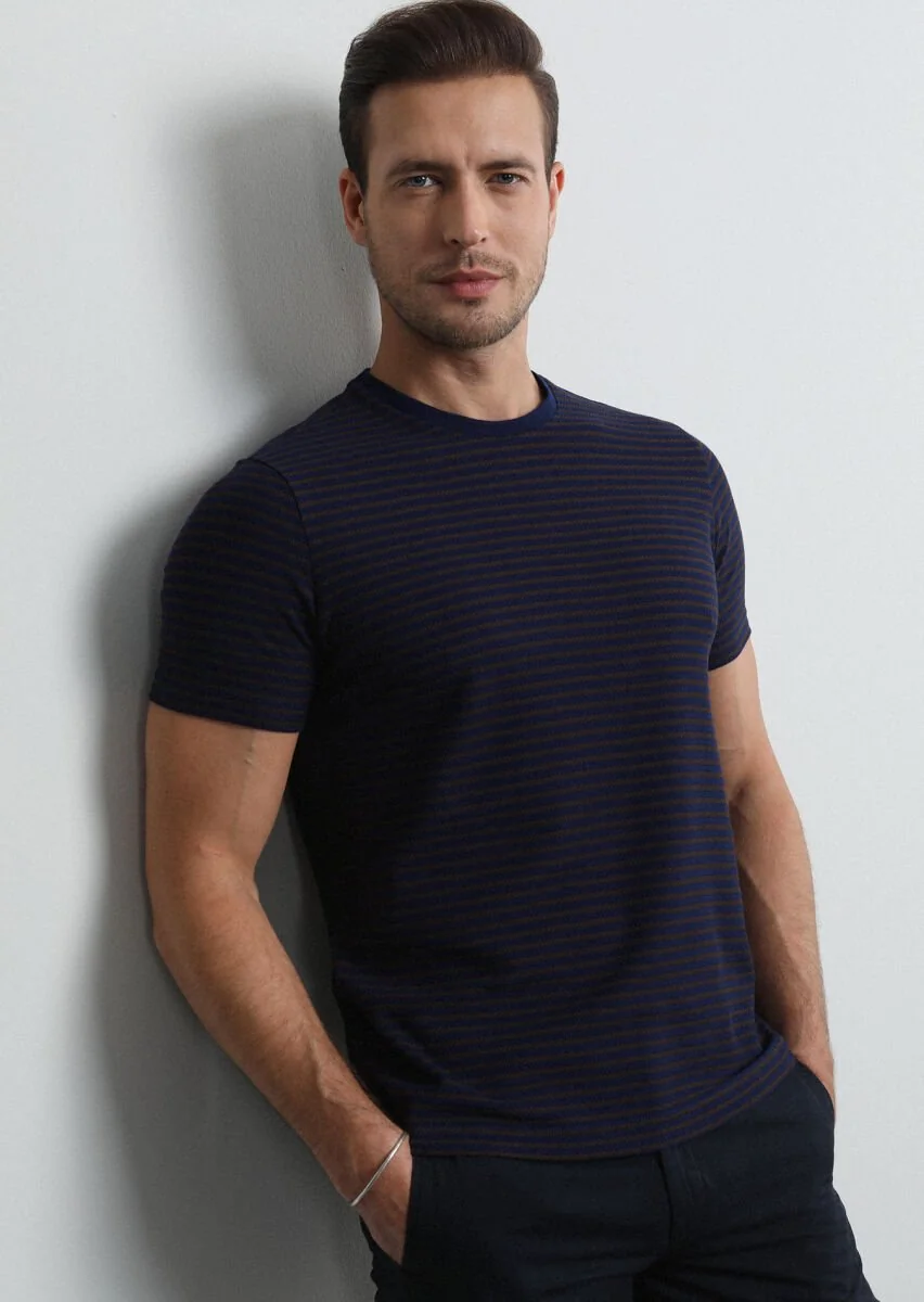 Navy Blue Striped 100% Cotton T-Shirt - 4