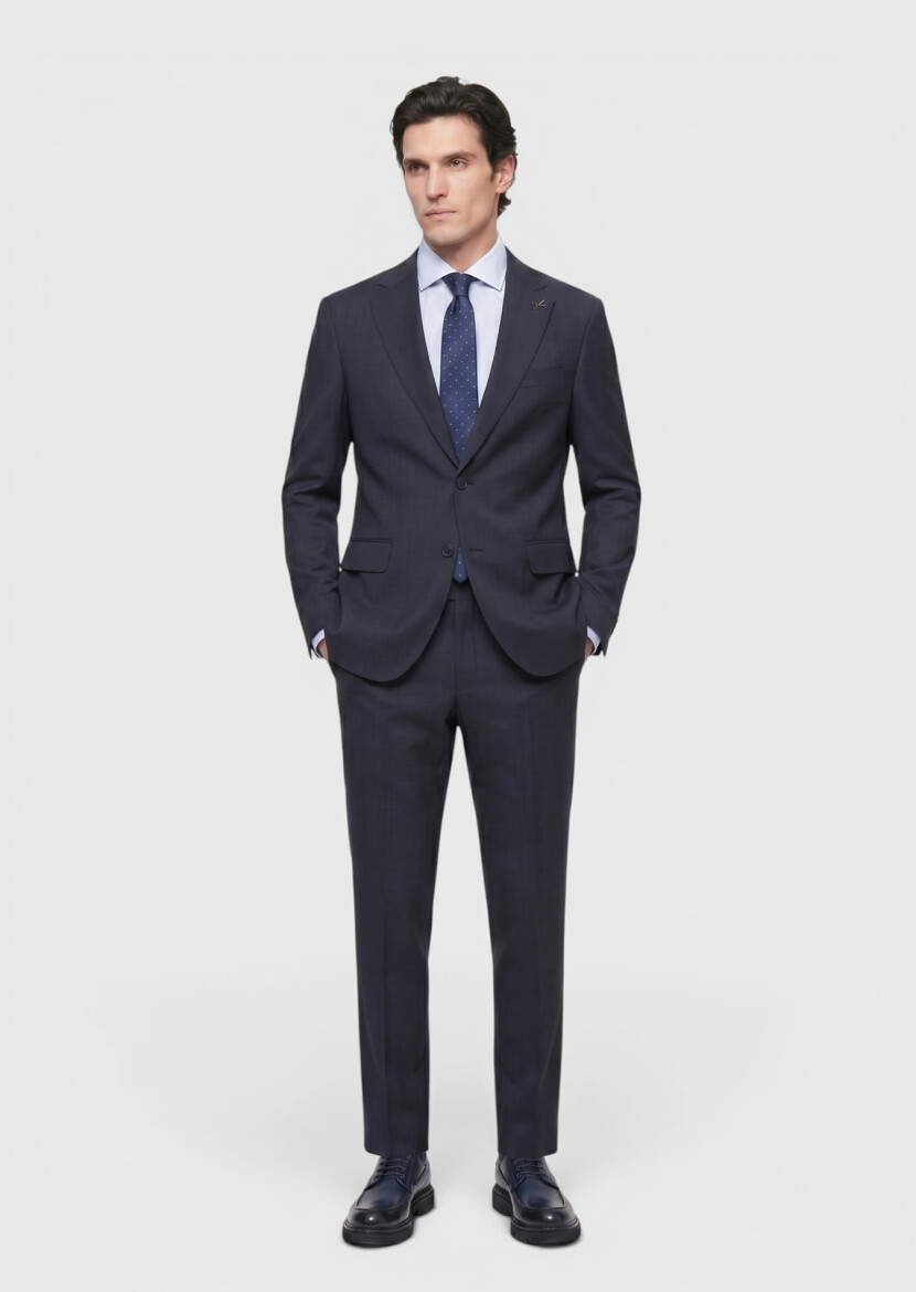 Navy Blue Striped 100% Wool Suit - 3