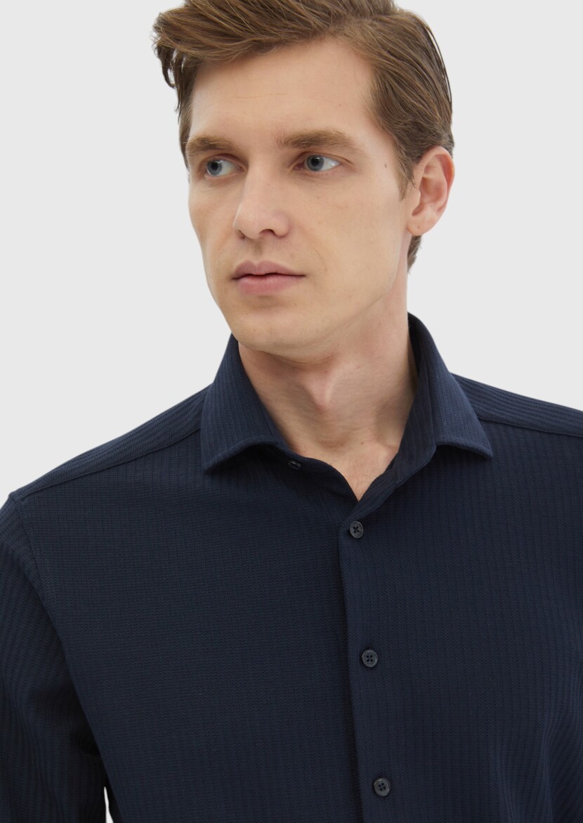 Navy Blue Striped Casual Fit Knitting Casual 100% Cotton Shirt - 4