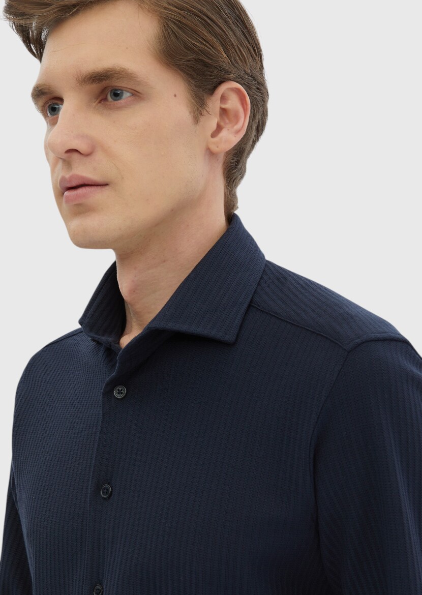 Navy Blue Striped Casual Fit Knitting Casual 100% Cotton Shirt - 5