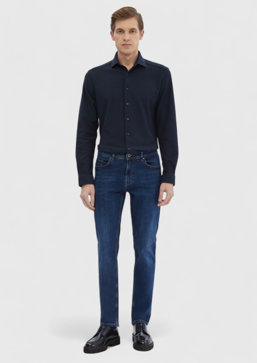 Navy Blue Striped Casual Fit Long Knitting Casual 100% Cotton Shirt - RAMSEY